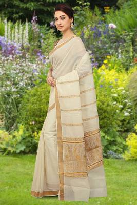 Cream embroidery cotton kasavu saree with running blouse 2
