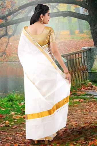 Cream embroidery cotton kasavu saree with running blouse