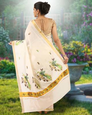 Cream embroidery cotton kasavu saree with running blouse 2