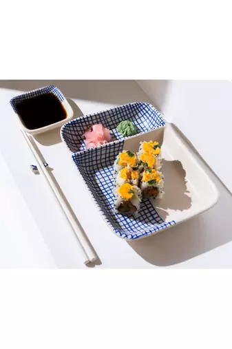 Neel- sushi/ chip and dip set with chopstick holder - stoneware ceramics
