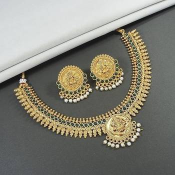 Gold plated studded design traditional necklace with matching earrings jewellery set for women 1