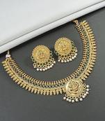 Gold plated studded design traditional necklace with matching earrings jewellery set for women
