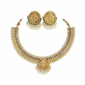 Gold plated studded design traditional necklace with matching earrings jewellery set for women 3