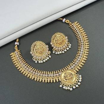 Gold platted studded design traditional necklace with matching earrings jewellery set for women 1