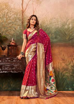 Maroon designer zari weaving paithani silk blend saree with blouse 1