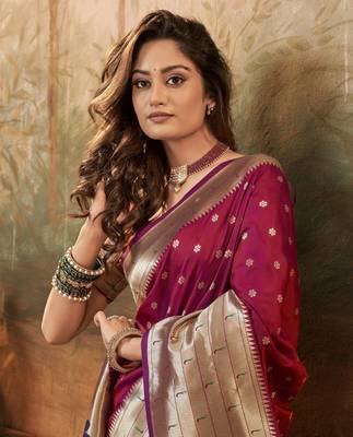 Maroon designer zari weaving paithani silk blend saree with blouse 2
