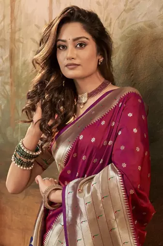 Maroon designer zari weaving paithani silk blend saree with blouse