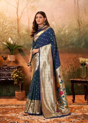 Navy blue designer zari weaving paithani silk blend saree with blouse 1