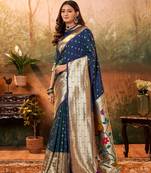 Navy blue designer zari weaving paithani silk blend saree with blouse