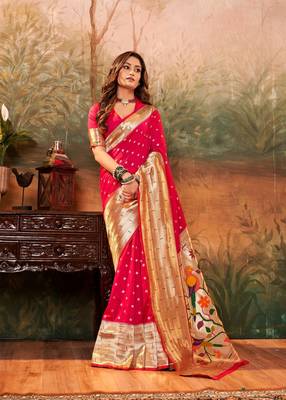 Pink designer zari weaving paithani silk blend saree with blouse 1