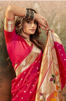 Pink designer zari weaving paithani silk blend saree with blouse 2