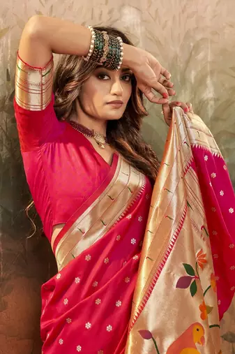 Pink designer zari weaving paithani silk blend saree with blouse