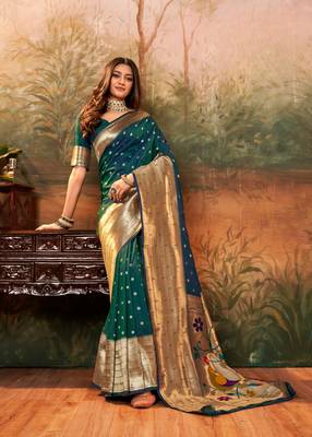 Green designer zari weaving paithani silk blend saree with blouse 1