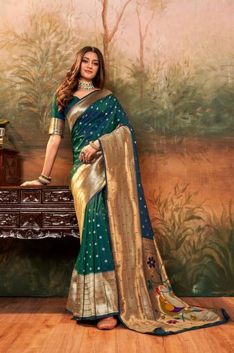 Green designer zari weaving paithani silk Blend saree with blouse