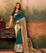 Green designer zari weaving paithani silk blend saree with blouse
