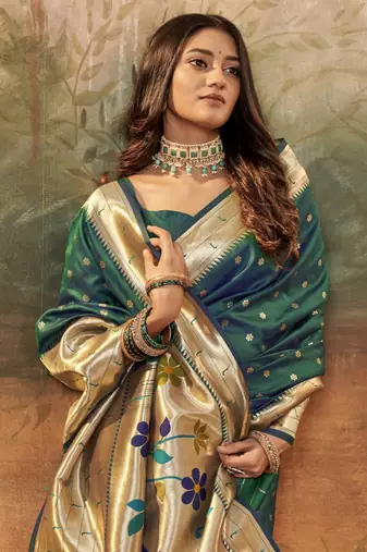 Green designer zari weaving paithani silk blend saree with blouse