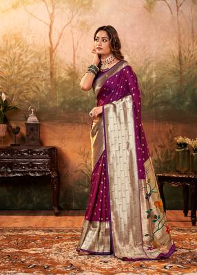 Purple designer zari weaving paithani silk blend saree with blouse 1