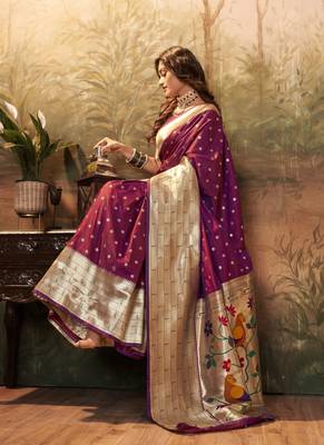 Purple designer zari weaving paithani silk blend saree with blouse 2