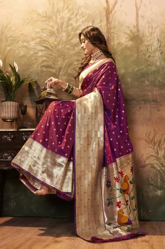 Purple designer zari weaving paithani silk blend saree with blouse