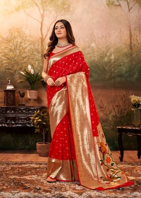 Red designer zari weaving paithani silk blend Saree with blouse 1