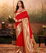 Red designer zari weaving paithani silk blend Saree with blouse
