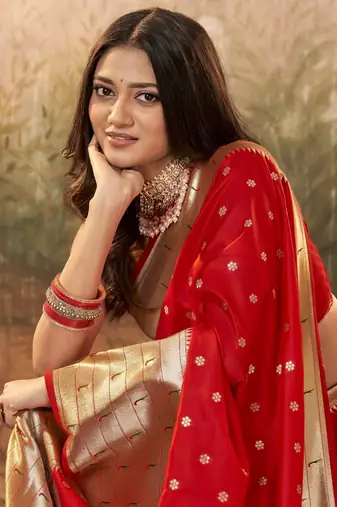 Red designer zari weaving paithani silk blend Saree with blouse