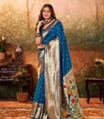 Teal designer zari weaving paithani silk blend saree with blouse