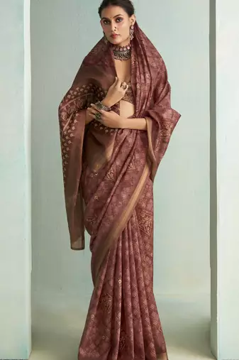 Coffee digital printed rich pallu handloom weaving saree with blouse