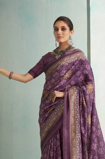 Purple digital printed rich pallu handloom weaving saree with blouse