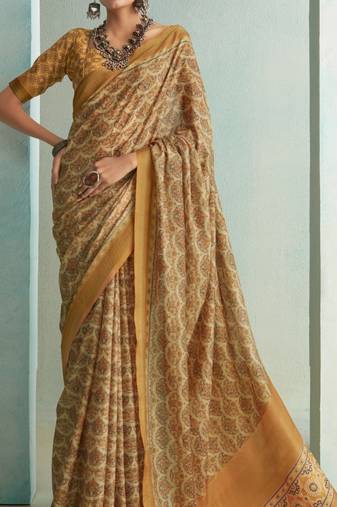 Chocolate digital printed rich pallu handloom weaving saree with blouse