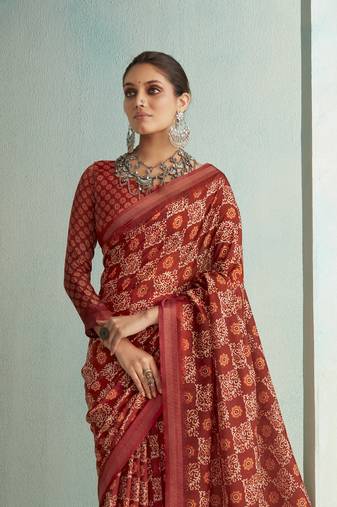 Maroon digital printed rich pallu handloom weaving saree with blouse