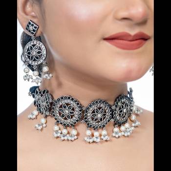 Temple jewelry stone jewelry set choker set south indian oxidized set with pearls, kolhapur set 1