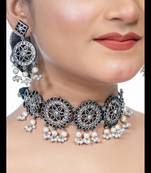 Temple jewelry stone jewelry set choker set south indian oxidized set with pearls, kolhapur set