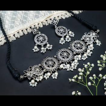 Temple jewelry stone jewelry set choker set south indian oxidized set with pearls, kolhapur set 2
