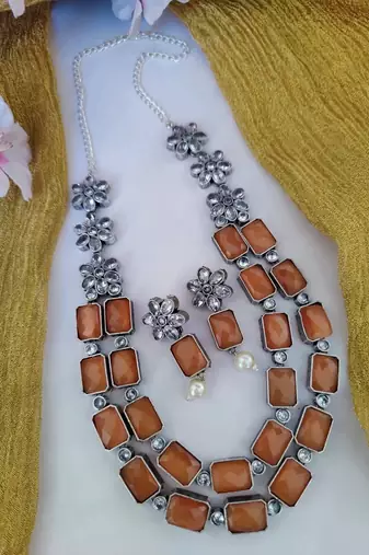 Double layer green orange ad necklace set oxidized indian handmade jewelry set wedding necklace set