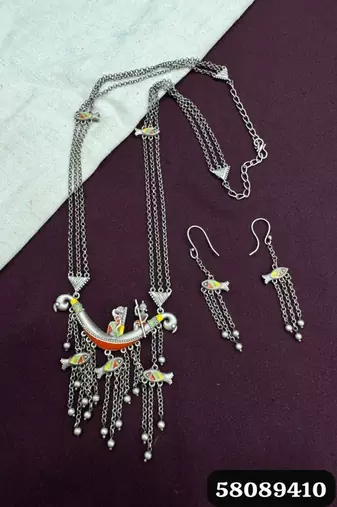 Multicolor long necklace pendant indian jewellery set fish design
