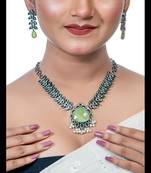Temple jewelry green stone jewelry set, indian oxidized set with pearls, kolhapur set, necklace set