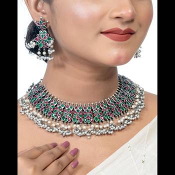 Red green oxidized stone choker south indian jewelry set pearl stone choker necklace set temple set 1