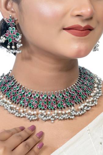Red green oxidized stone choker south indian jewelry set pearl stone choker necklace set temple set