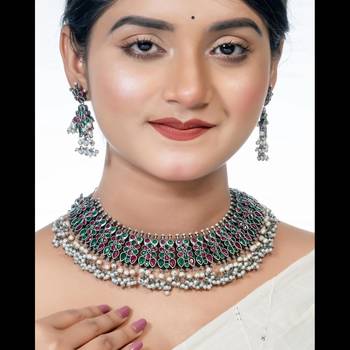 Red green oxidized stone choker south indian jewelry set pearl stone choker necklace set temple set 3
