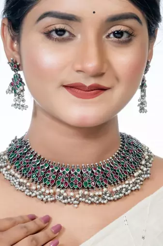 Red green oxidized stone choker south indian jewelry set pearl stone choker necklace set temple set