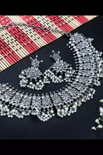 Silver plated oxidized adjustable choker necklace set indian german silver design boohoo style