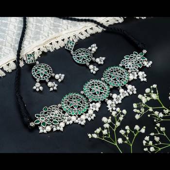 Temple jewelry stone jewelry set choker set south indian oxidized set with pearls, kolhapur set 1