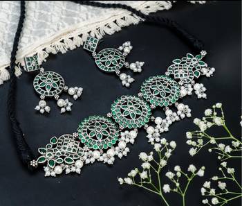 Temple jewelry stone jewelry set choker set south indian oxidized set with pearls, kolhapur set 2