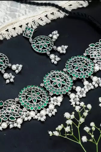 Temple jewelry stone jewelry set choker set south indian oxidized set with pearls, kolhapur set