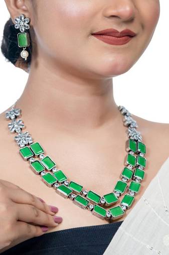 Double layer green orange ad necklace set oxidized indian handmade jewelry set wedding necklace set
