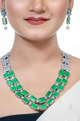 Double layer green orange ad necklace set oxidized indian handmade jewelry set wedding necklace set