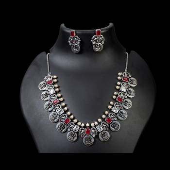 Indian oxidized stone necklace set red green white stone silver plated handmade jewelry set 1