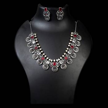 Indian oxidized stone necklace set red green white stone silver plated handmade jewelry set 2