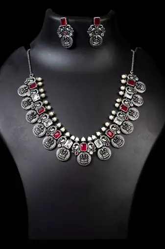 Indian oxidized stone necklace set red green white stone silver plated handmade jewelry set